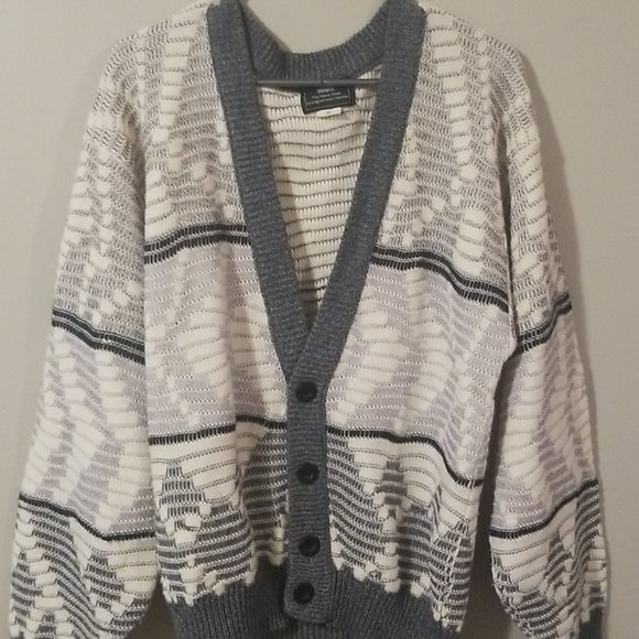 Vintage Sears Mens Wool Blend Cream & Gray Grandpa Cardigan Sweater Cobain Style - Picture 1 of 3